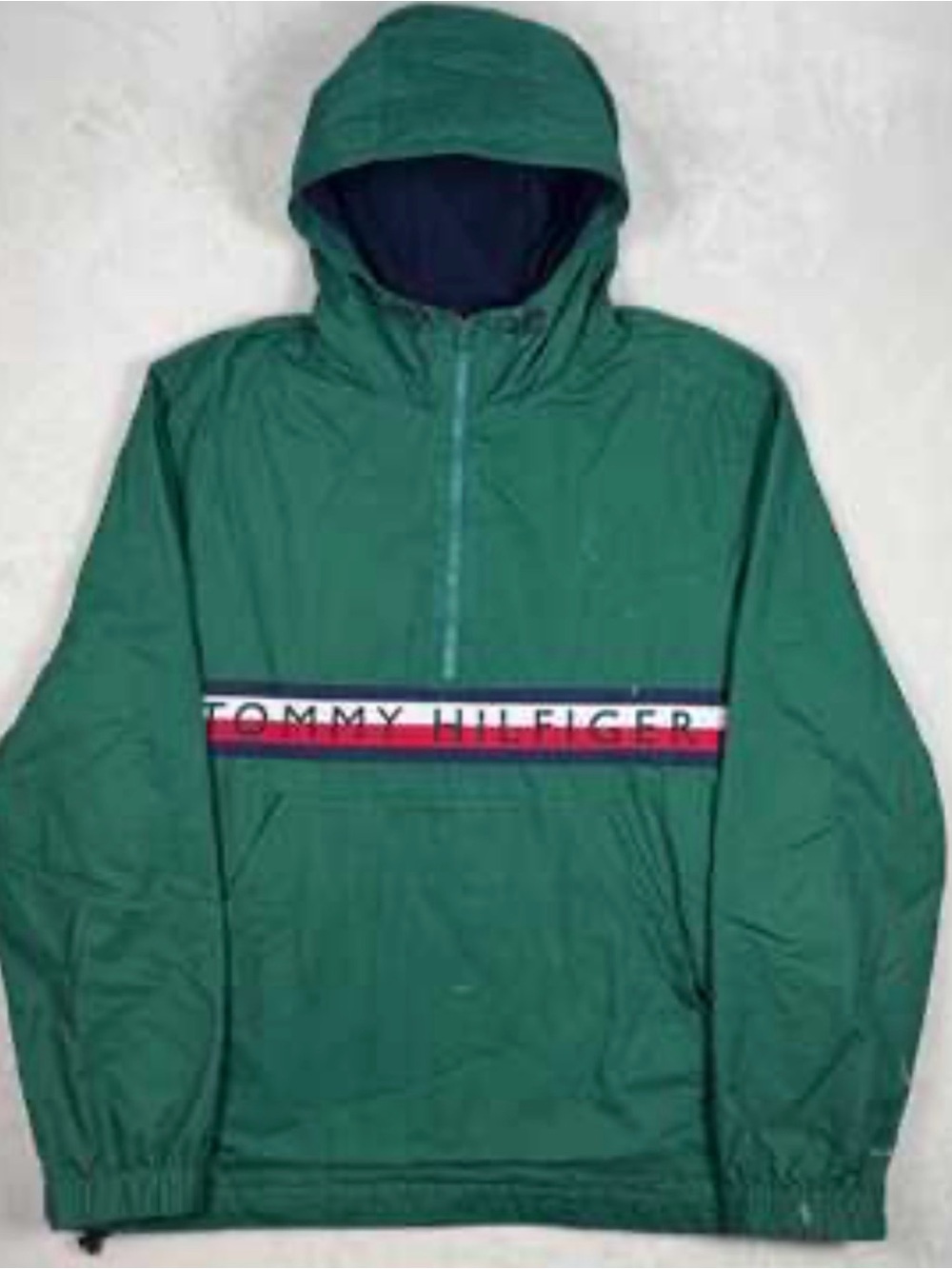 Unisex,Tommy Hilfiger Green utility pullover  with Red, White,Black Chest Stripe